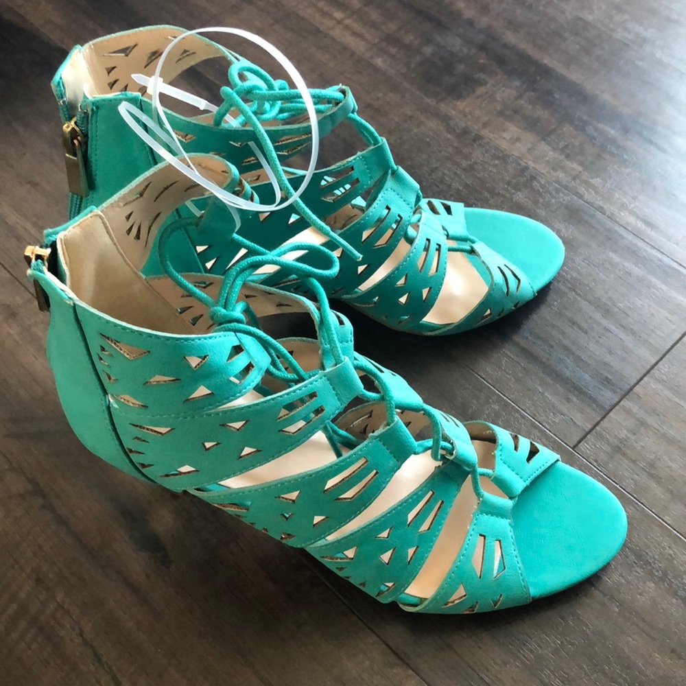 Avon Teal Lace Up Caged Heels - Picture 4 of 6